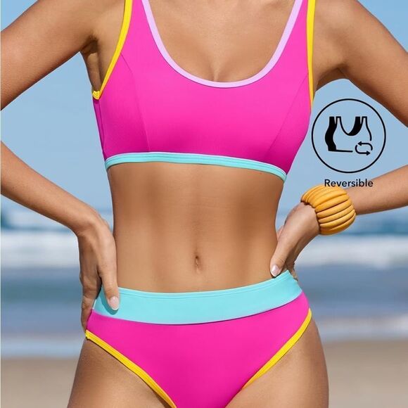 Cupshe Pink Blue Color Block Bikini Set - Picture 3 of 10